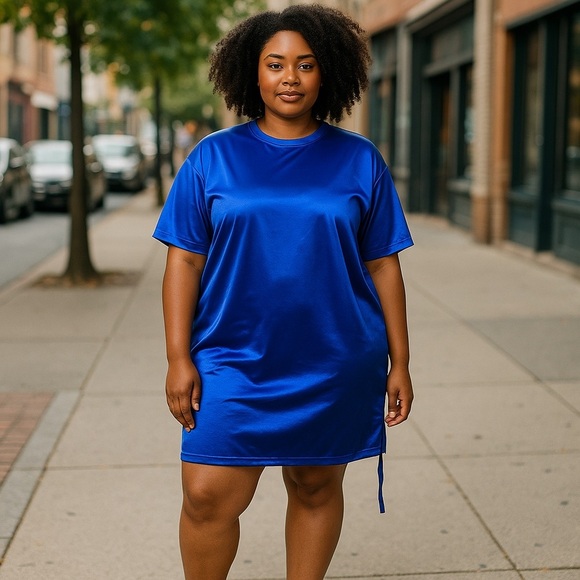 Ashley Stewart Tops - Ashley Stewart Electric Blue Satin Tee Dress